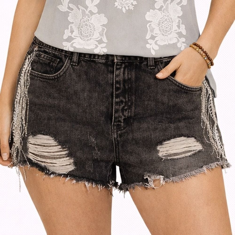 NWT Savanna Jane Size 2X Charcoal Black Washed Denim Shorts Rhinestone Fringe